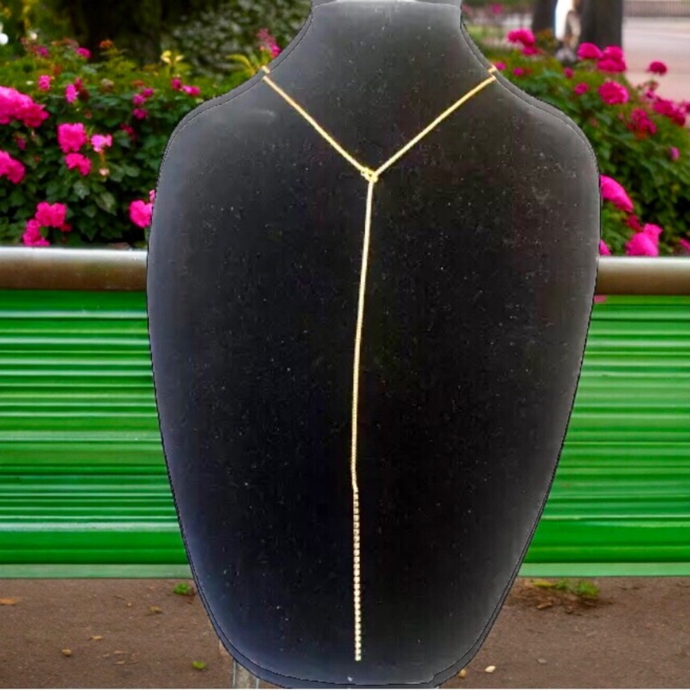 Gold-tone Chain Bolo Lariat with Clear Prong Set Rhinestones